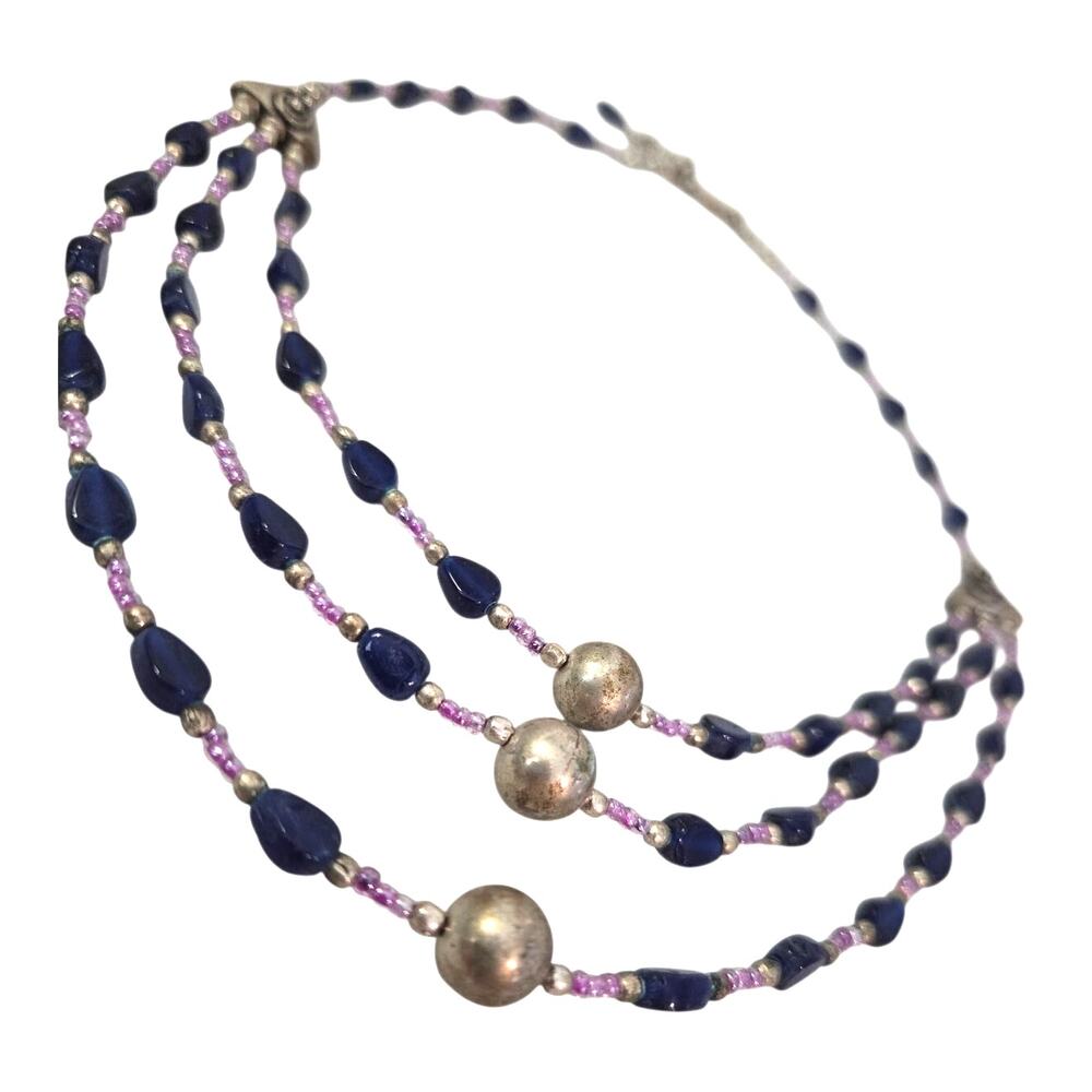 3 Strand Glass Beaded Necklace Purple Silver Large Beads Boho